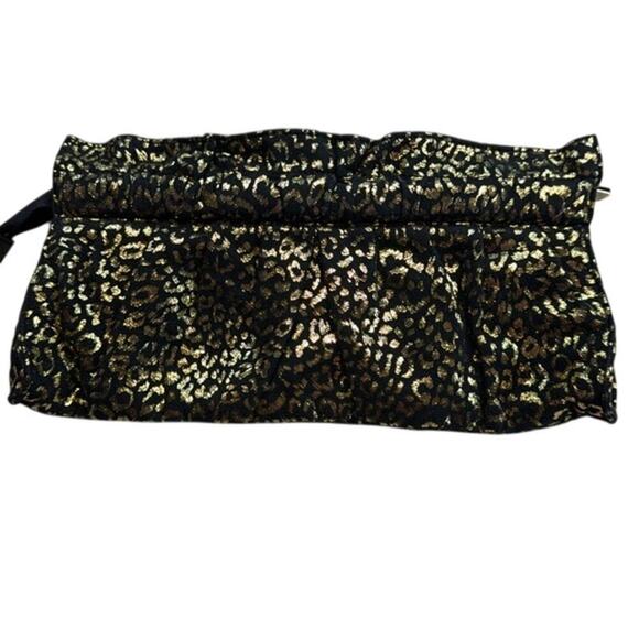 Express Black & Gold Cheetah Print Y2K 80's Ruffle Zipper Top Clutch Bag - Picture 1 of 8